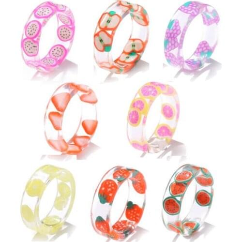 Girls Colorful Transparent Resin Fruit Ring Cute Round Rings Set for Women Fashion Jewelry Travel Gift AM3146