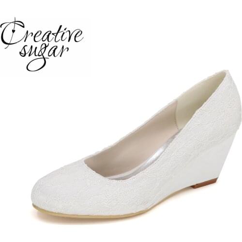 Creativesugar Closed toe wedges elegant pink white lace blue black wedges mother daughter party prom shoes beach weddng heels