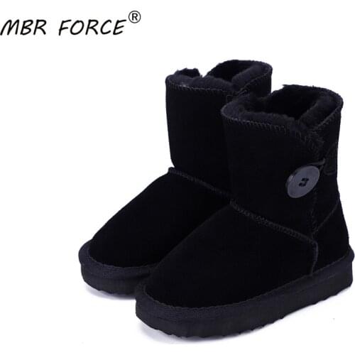 MBR FORCE real leather short ankle suede snow boots Children fur lined winter shoes Boys Girls wooden buckle with snow boots