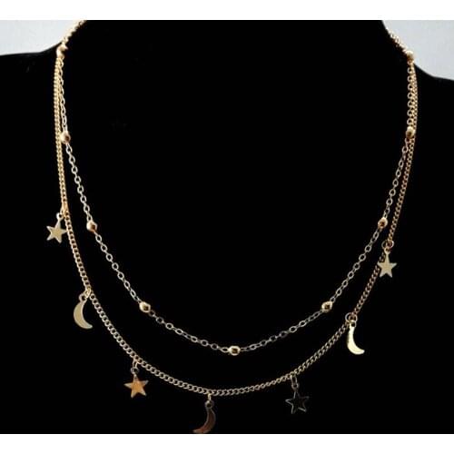 Multilayer Star Moon Necklace Women Charm Choker Short Chain Stainless Steel Double Clavicle Chain Jewelry For Girlfriends Gifts