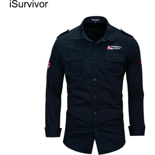 ISurvivor 2021 Mens New Solid Color Pure Cotton Printed Long-sleeved Shirt Outdoor Military Casual Pocket Armband Shirt