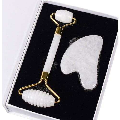 White Jade Face Care Massage Sawtooth Roller Gua Sha Tool Set Crystal Mineral Stone Health Eye Skin Acupuncture Beauty Massager