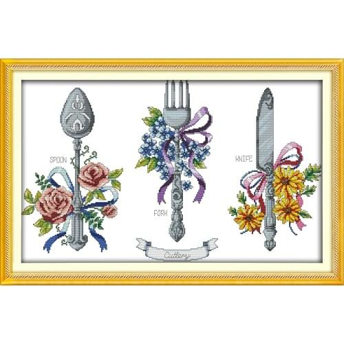 Tableware (2) cross stitch kit knife fork flowers cartoon aida 18ct 14ct 11ct count print canvas stitches embroidery handmade