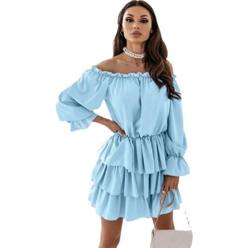 Casual Fashion Blue Slash Neck Mini Dress Women 2021 Autumn Sexy Off-Shoulder Ruffle Stitching Dress Woman Elegant Party Dresses