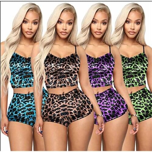 Casual Floral Print Bodycon 2 Piece Set Summer Autumn Women Sleeveless V Neck Shirt Crop Top Short Leopard Two Pieces Yoga Sets