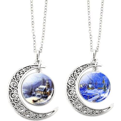 Christmas Jewelry Christmas Fairy Snow World Necklace Glass Dome Fantasy Snow House Photo Crescent Moon Necklaces Christmas Gift