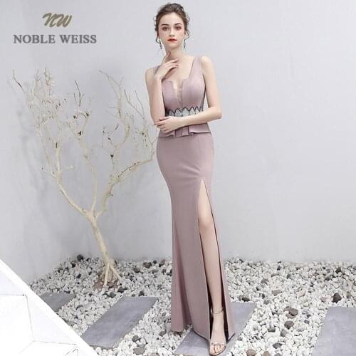 Sexy Prom Dress V-Neck Floor-Length Satin Beading Prom Dresses With Split Party Dress