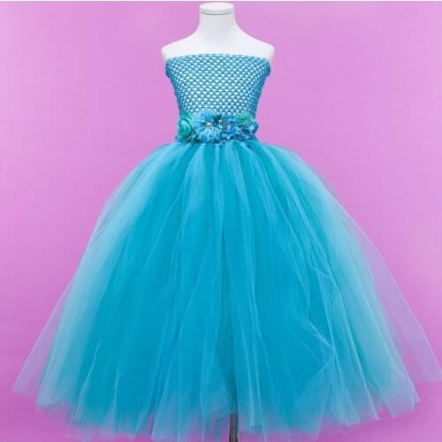 Turquoise Blue Flower Girls Wedding Party Dresses with flower Belt 1-14 year Vintage Children Birthday Flower Tutu Dresses Cloth