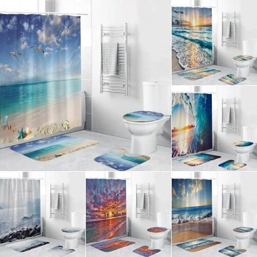 High Quality 3D Beach Style Polyester Fabric Shower Curtains Ocean Sea Bathroom Non-Slip Rugs Toilet Lid Cover Mat Carpet
