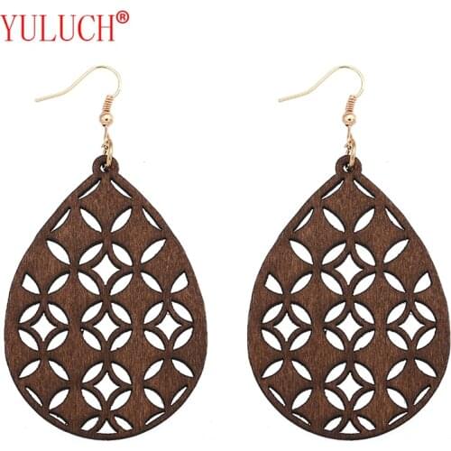 YULUCH Fashion Woman National Jewelry for Wooden 4 Color Water Drops Quilted Lucky Coin Drop Earrings Popular Gifts