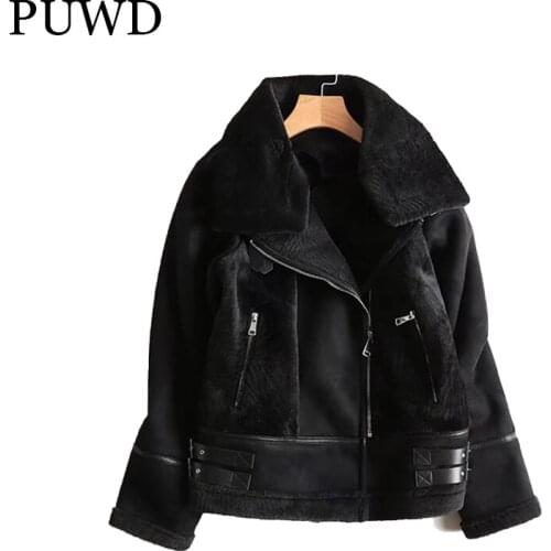 PUWD Loose Women Artificial Leather Fur Thick Jacket 2021 Winter Street Bike Cool Retro Casual Belt Metal Buckle Female Outwear