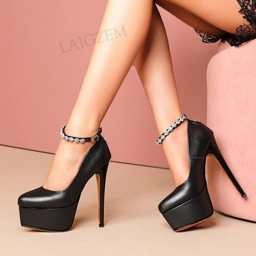 LAIGZEM Women Platform Pumps Real Leather/ Suede 15CM Stiletto High Heels Black Party Wedding Club Shoes Woman Size 33 38 39 40