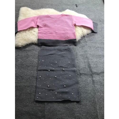 Amolapha Women Beading Knitted Sweater Pullovers+Sim Skirts 2 Pieces Sets Three Quarter Knit Jumper Tops High Waist Skirt Set