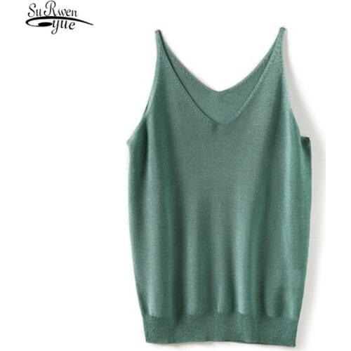 Summer 2021 Sleeveless Sexy V-neck Solid Knitted Vest Women Korean Tank Top Womens Fashion Clothing Casual Camis Tank Top 14659