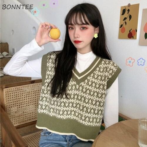 Sweater Vest Womens V-neck Geometric Argyle Loose Sleeveless Knitting Sweaters Korean Style Female New Autumn Vintage Ulzzang