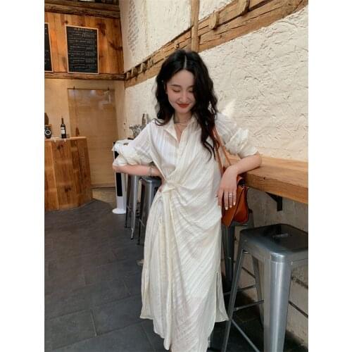 LMQ NEW 2021 French Casual White Striped Shirt Dress Thin Breathable And Comfortable Waist Design Long Skirt Holiday Dress