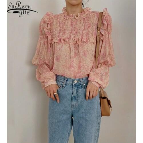 2021 Tops for Women Fashion Korean Long Sleeve Printed Blouse Women Ruffled Puff Sleeve Sweet Shirt Female Ropa Mujer 13477