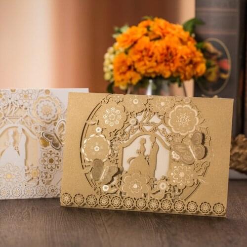 50pc Printalbe Laser Cut Wedding Invitations Gold White Invitation For Bridal Shower with Envelope Wedding Party Favor Cards