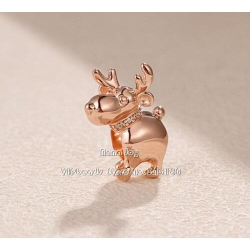 Alissa 2018 Winter Rose Gold Happy Reindeer With Clear CZ Charm Beads Fit Original Women Pandor Bracelet