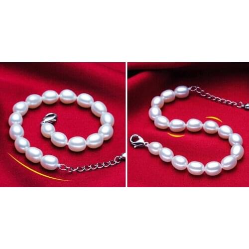 Wedding Woman 9-10mm Natural White Freshwater Pearl Bracelet Oval Pearl highlight Handmade Woman Jewelry