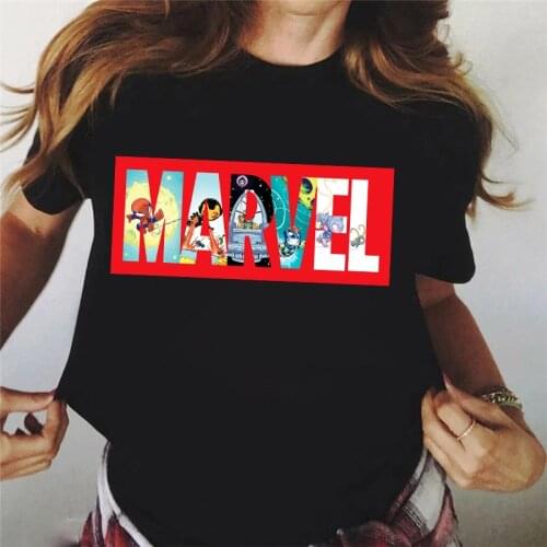 Fashion Funny MARVEL Womens T Shirts Summer Harajuku Short Sleeve Cartoon Print Superhero T-shirts Lady Loose Black Tees Tshirt