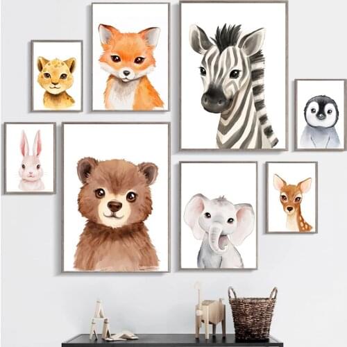 Cartoon Elephant Fox Tiger Lion Nursery Wall Art Poster Baby Child Bedroom Canvas Painting Print Rabbit Decoration Boy Girl Room