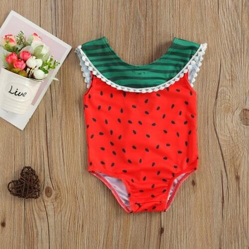 2021 New Baby Kids Girls Sweet Swimsuit Ruffles Neck Watermelon Swimwear Bodysuit for Swimming Beach Bathing Suit Beachwear