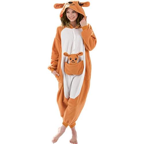 Kangaroo Unisex Adult Pajamas Cosplay Onesies Cartoon Animal Sleepwear Pyjamas Warm Flannel Hooded Christmas Halloween Costume
