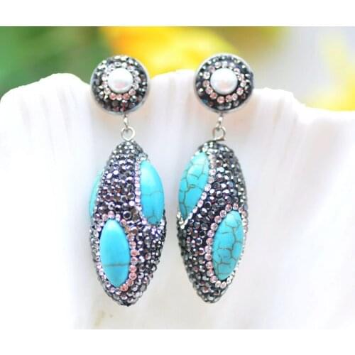 S2413 35mm Blue Turquoise Shuttle CZ Dangle Earring