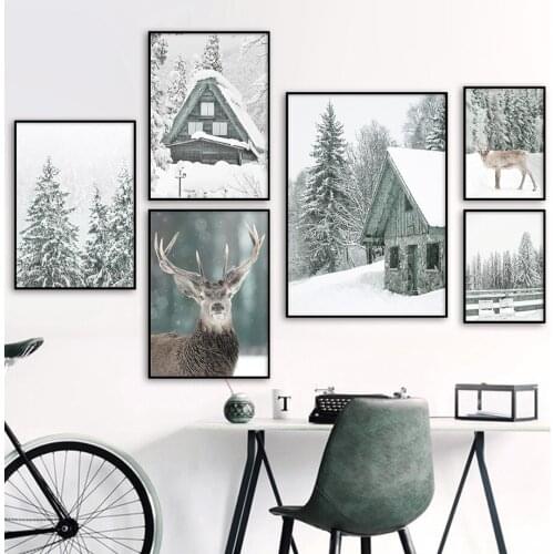 Self-adhesive Wall Stickers Alps Snow Mountain Scene House Deer Posters And Prints Home Art Wall Pictures For Living Room Decor