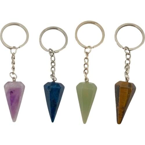 Hexagonal Cone Shape Crystal Keychain Facted Meditation Pendulum Energy Natural Stone Key Ring with Big O Ring