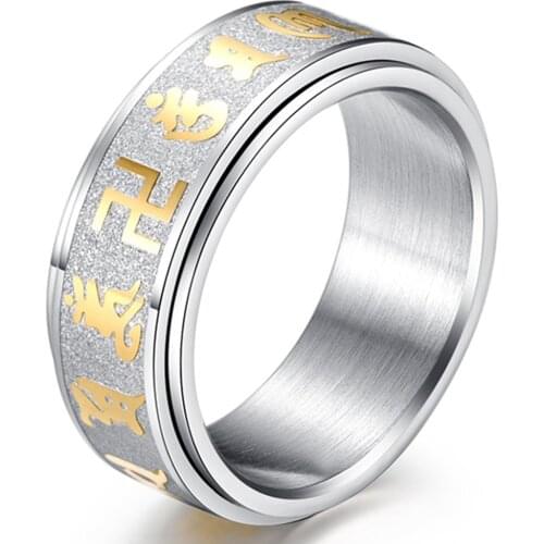 Vintage Swastika Symbol Mantra Mens rings jewelry Titanium Steel Sutra Six-Word Mantra Ring Retro Rotating Fashion Mens Ring