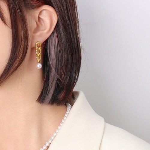 YAONUAN Vintage Asymmetric Chain Gold Plated Womens Earrings Round Freshwater Pearl Ear Studs Party Trendy Jewelry Accessories