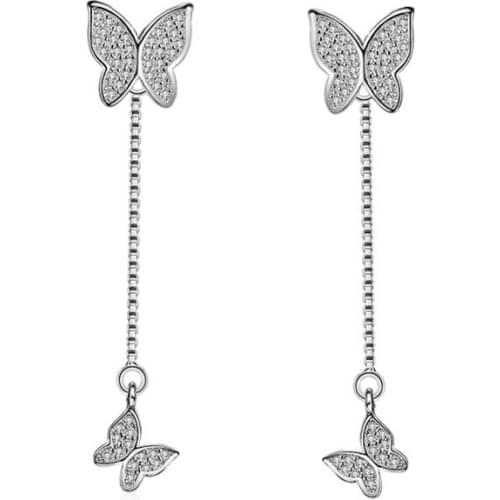 Fashion Butterfly Bling Zircon 925 Sterling Silver Long Earring For Women Stud Earrings Jewelry