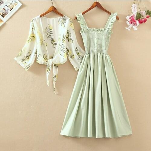 2021 Summer New Two piece set Women Printed Flare Sleeve Chiffon Shirt and A-line Ruched Ruffle Strap Pleated Long Dress Suits