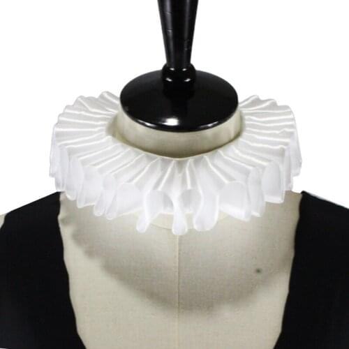 Women Romantic Ribbon Bow Ruffled Fake Collar Victorian Renaissance Neck Ruff White Satin Clown Choker Cosplay Costume