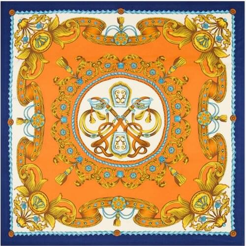 POBING 100% Twill Silk Square Scarf Women Palace Flower Print Foulard Head Scarves Wraps NecKerchief Office Lady Bandana 130CM