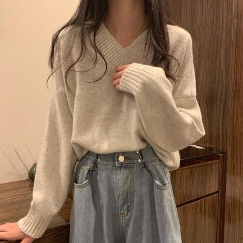 Korean V-neck Women Sweater Chic Casual Oversized Knitted Pullovers Tops 2021 Autumn Winter New Pull Jumpers