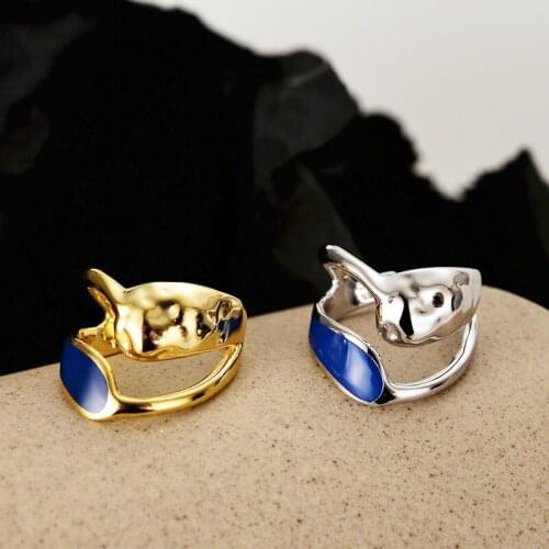 Amaiyllis S925 Sterling Silver Simple Hollow Ring Fashion Opening Blue Enamel Index Finger Ring For Female Jewelry