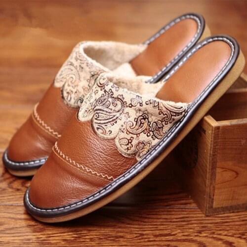 Genuine Leather Couples Winter Indoor House Slippers Warm and Comfortable Anti-Slip Home Shoes for Men and Women
