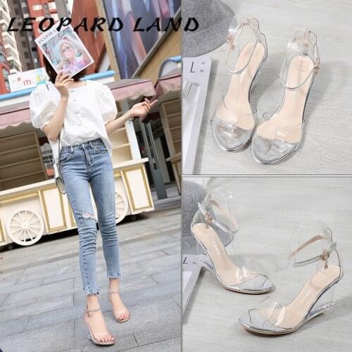 LEOPARD LAND 2021 Summer New Style Slope Heel Open Toe Fashion Crystal High Heel Sexy Women Sandals Popular Red Sandals WZ