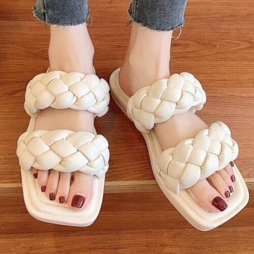 2021 Summer Woven Slippers Women 2021 Square Toe Comfortable Soft Platform Sandals Woman Fashion Solid Color Beach Slides Shoe