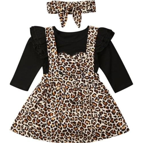 Autumn Infant Kids Girls Clothes Sets 0-24M Leopard Print Long Sleeve Romper+Bib Strap Dress+Headband 3pcs