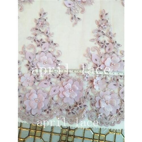 5yards /lot mm0128 pink flower 3d beads pearls sequin embroidery net mesh lace fabric for evening dress/wedding