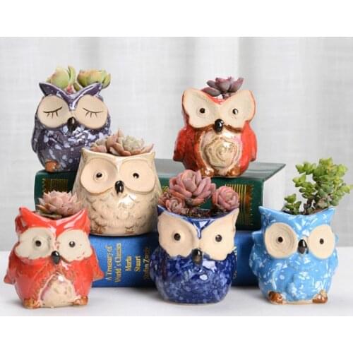 6pcs Ceramic Owl Flower Pots Planters Flowing Glaze Base Serial Set Ceramic Planter Desk Flower Pot Cute Design Succulent Plante