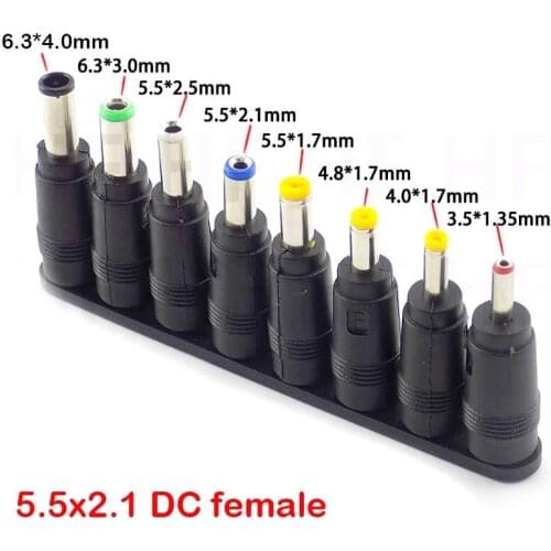 8pcs Male to Female DC Power Adapter 5.5*2.1mm Jack Laptop Adaptor Connector 6.3 6.0 5.5 4.8 4.0 3.5mm 2.5 2.1 1.7 1.35mm Plug