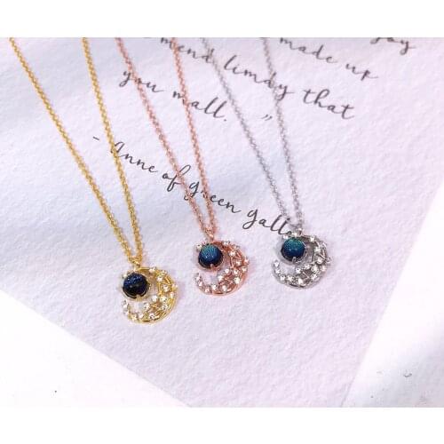 925 Sterling Silver Ladys Pendant Necklace Blue Crystal Zircon Luxury Cross Chain Charm Hollow Artistic Moon Star