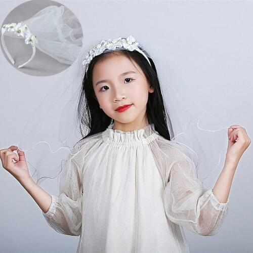 Children Little Princess Hairband Double Layers Tulle Bridal Veils Flowers Garland Ruffles Floral Lace Wedding Party Wreath