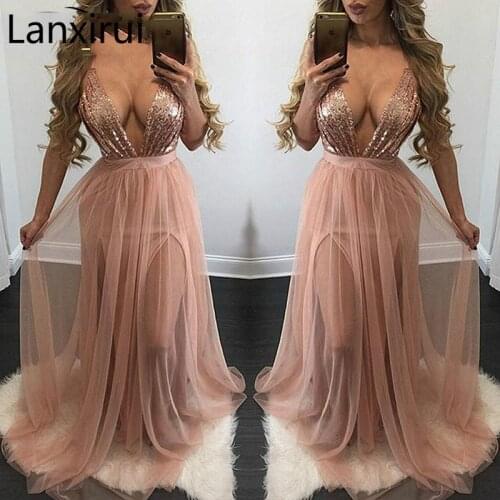 Maxi Long Dress Robe Sexy V Neck Chiffon Slip Sequin Detail Party Dresses Fashion Women Backless Side Split Dress