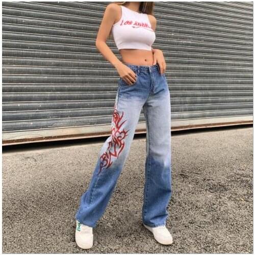 Summer Adult Harajuku Print Loose Straight Jeans Women Street Casual Gradient Loose Retro Denim Trousers Casual Retro Trousers